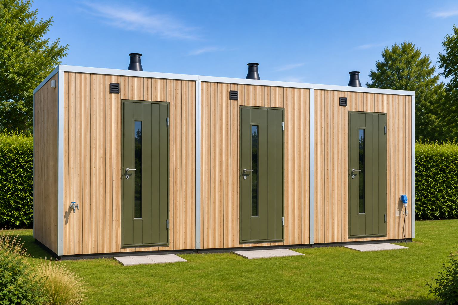 Grote houten sanitairunit met drie afzonderlijke sanitaire ruimtes