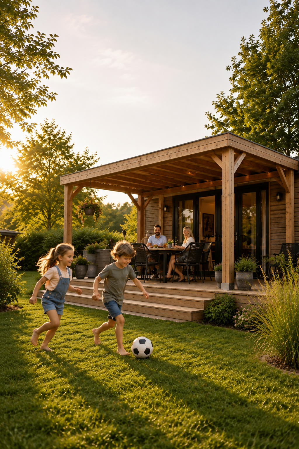 spelende kinderen voor chalet met overkapping