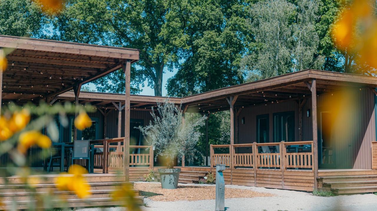 Twee houten overkappingen met terrassen bij een recreatieverblijf